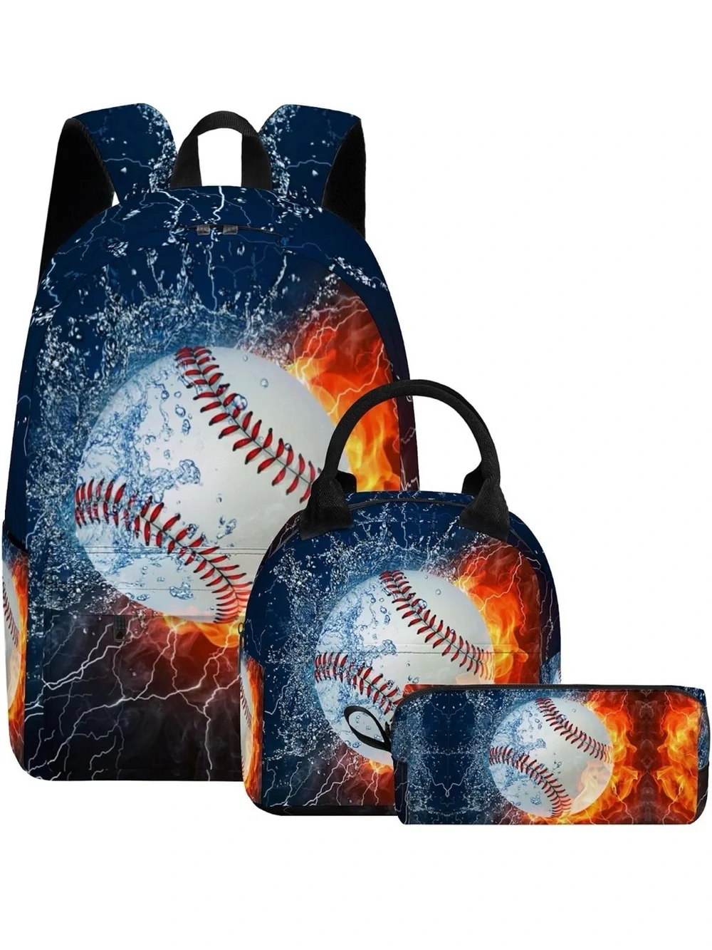 Kids Baseball Flames Backpack Set - 3pc Lunch tote Pencil pouch New